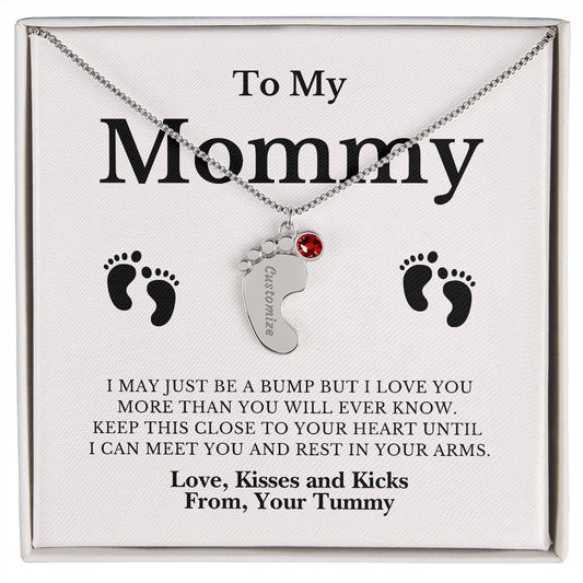 To Mommy, Mom | Engraved Baby Feet Necklace with Birthstones